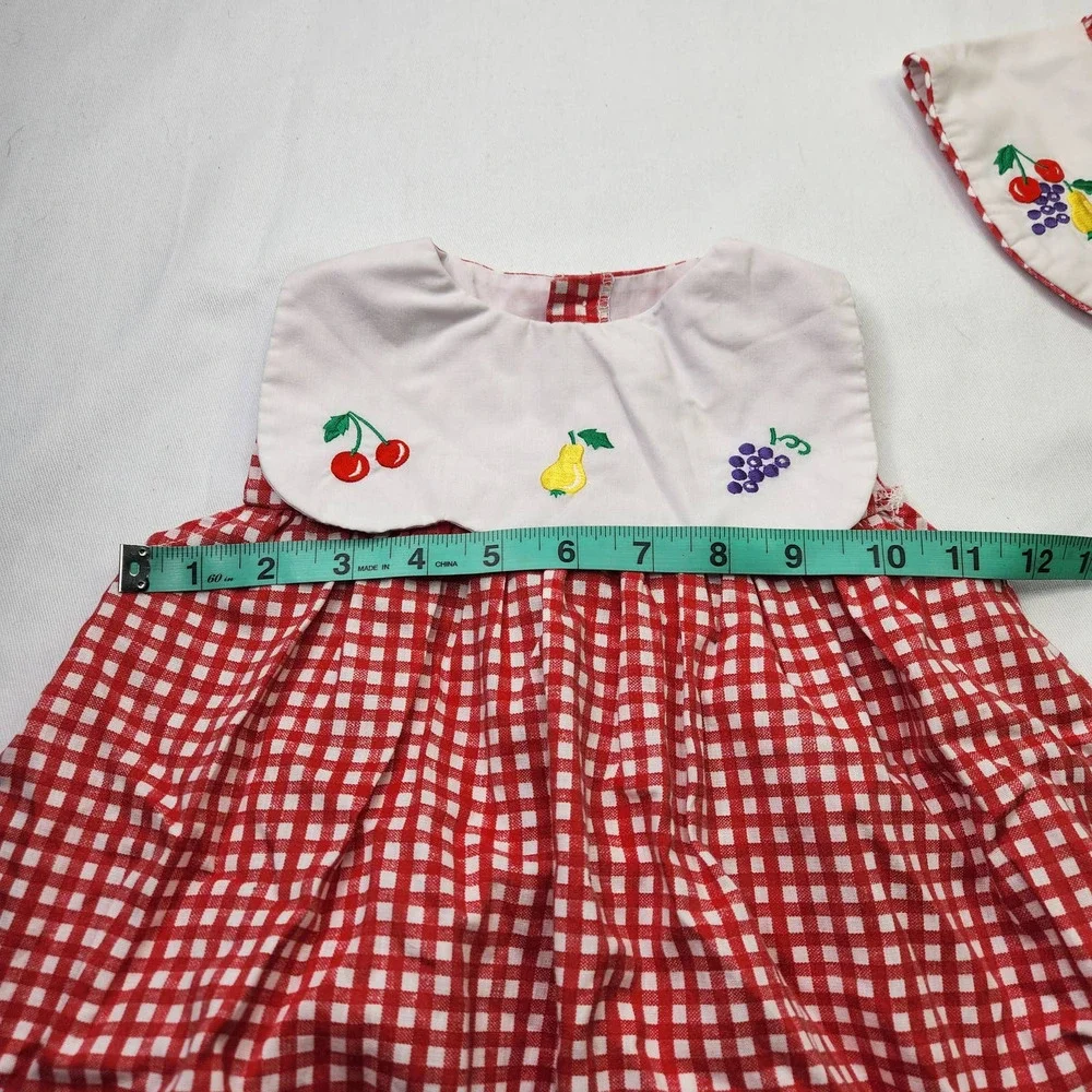 Vintage Kids Matching Set Red and White Gingham Dress with Bonnet
